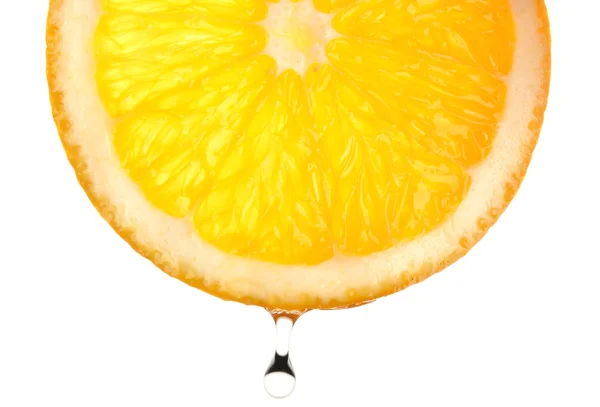 Slice of orange with drop, isolated on white — Stock Photo, Image