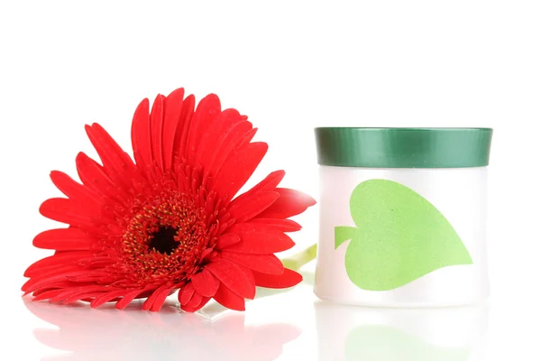 Jar of cream with flower isolated on white — Stock Photo, Image