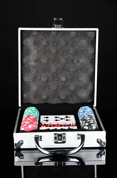 Poker set in metallic case isolated on black background — Stock Photo, Image