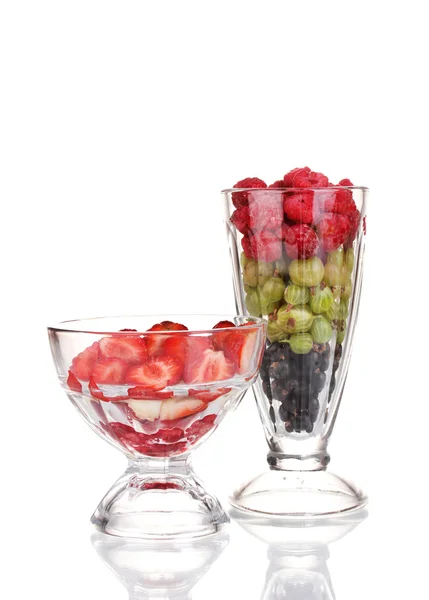 Mixed fruits and berries in glasses isolated on white — Stock Photo, Image