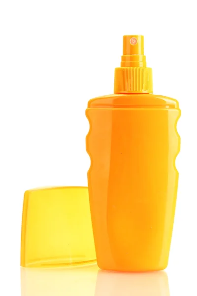Bottle with suntan cream isolated on white — Stock Photo, Image