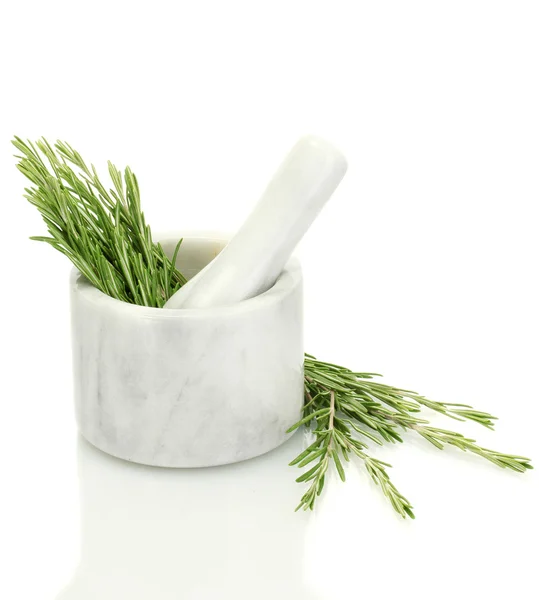 Mortar with fresh green rosemary isolated on white — Stock Photo, Image