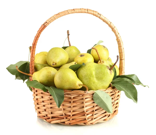 Juicy flavorful pears in basket isolated on white — Stock Photo, Image