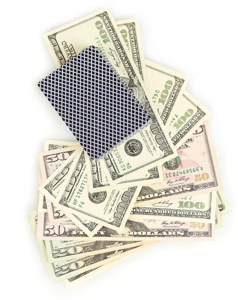 Dolarů a balíček karet izolované na bílém — Stock fotografie