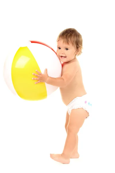 Cute baby with ball isolated on white — Stock Photo, Image