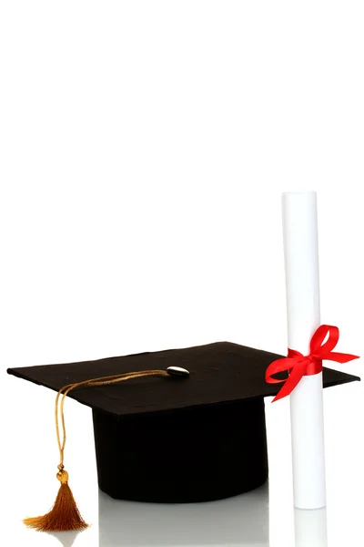 Grad hat and diploma isolated on white — Stock Photo, Image