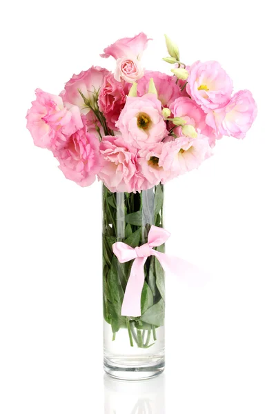 Bouquet of eustoma flowers in vase, isolated on white — Stock Photo, Image