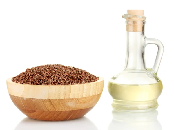 Linseed oil with flax seeds isolated on white — Stock Photo, Image