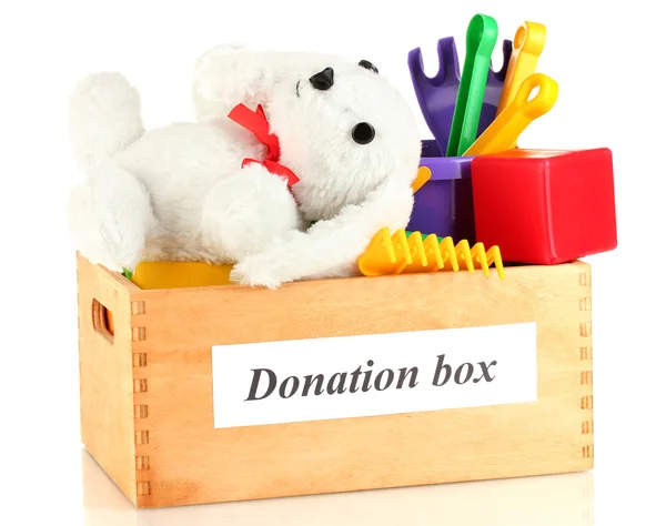 Δωρεά κουτί με παιχνίδια παιδιών που απομονώνονται σε λευκό — Φωτογραφία Αρχείου