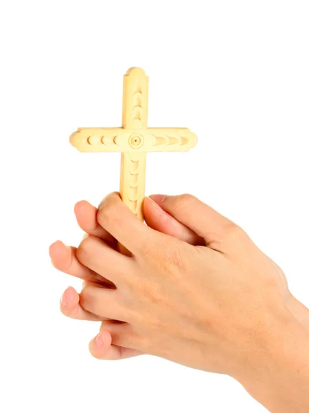 Händer i bön med krucifix på vit bakgrund närbild — Stockfoto