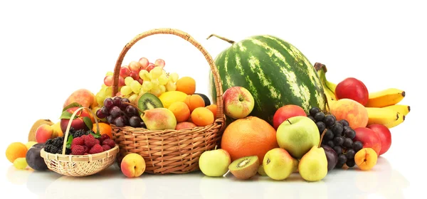 Assortment of exotic fruits and berries in baskets isolated on white — Stock Photo, Image