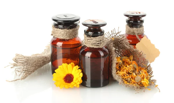 Medicine bottles and calendula, isolated on white — Stock Photo, Image