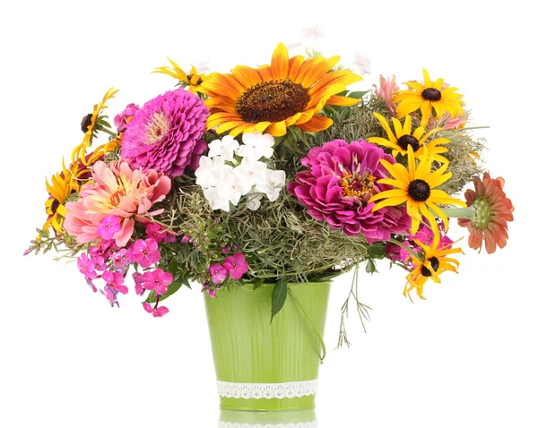 Beautiful bouquet of bright flowers in pail isolated on white — Stock Photo, Image