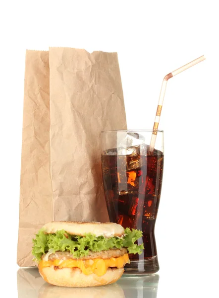 Tasty sandwich, glass with colaand package, isolated on white — Stock Photo, Image