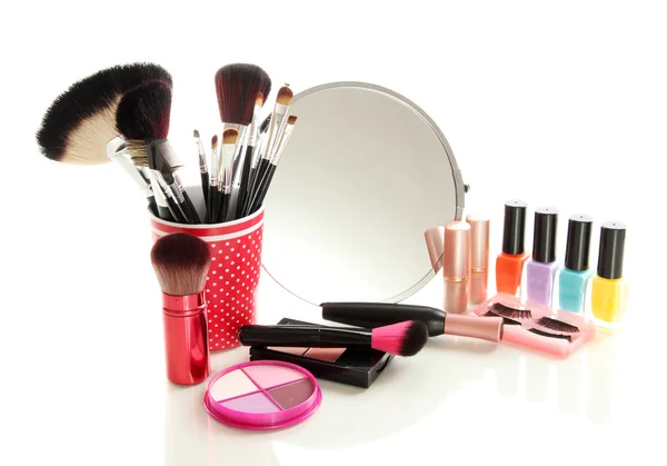 Cosmetics near mirror isolated on white — Stock Photo, Image