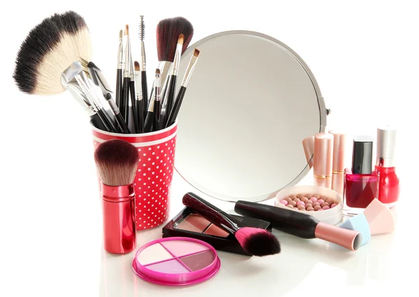 Cosmetics near mirror isolated on white — Stock Photo, Image