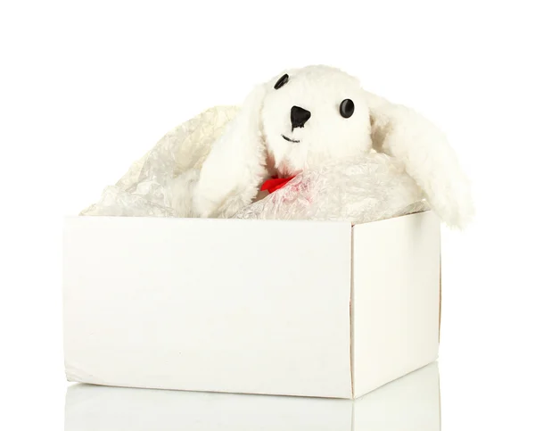 Pacchetto aperto con giocattolo di un bambino isolato su bianco — Foto Stock