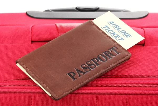 Passport and ticket on suitecase close-up — Stock Photo, Image