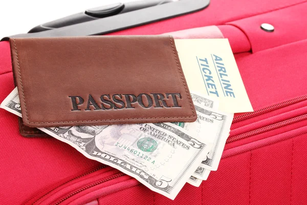 Passport and ticket on suitecase close-up — Stock Photo, Image