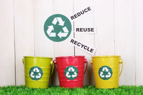 Papeleras de reciclaje en hierba verde cerca de valla de madera — Foto de Stock