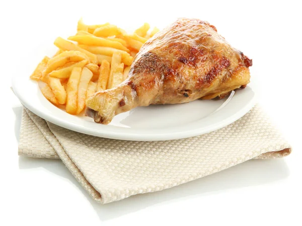 Roast chicken with french fries on plate, isolated on white — Stock Photo, Image