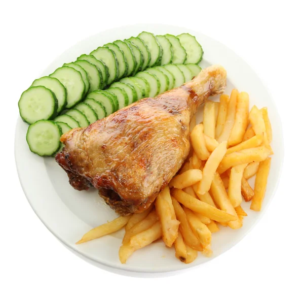 Roast chicken with french fries and cucumbers on plate, isolated on white — Stock Photo, Image