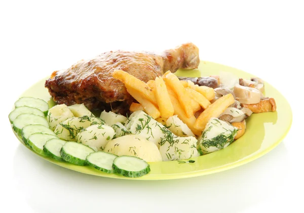 Roast chicken with potatoes, and cucumbers on plate, isolated on white — Stock Photo, Image