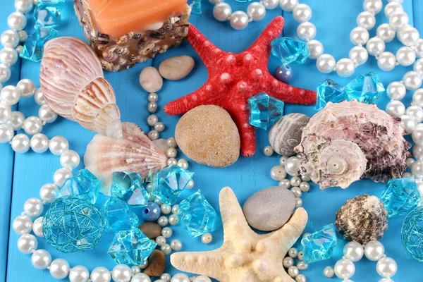 Decor of seashells close-up on blue wooden table — Stock Photo, Image