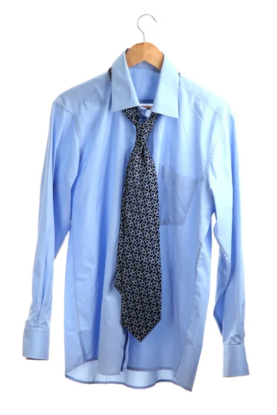 Blue shirt with tie on wooden hanger isolated on white — Stock Photo, Image