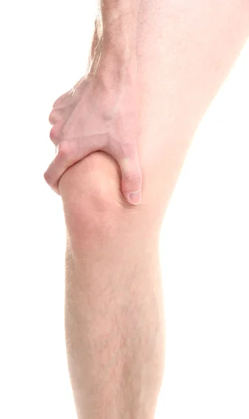 Man met zere knie, geïsoleerd op wit — Stockfoto