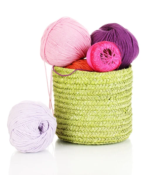 Colorful yarn for knitting in green basket isolated on white — Stock Photo, Image