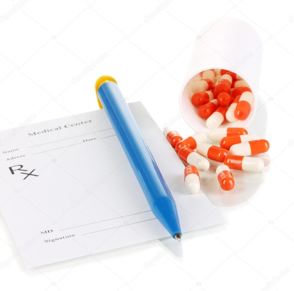 Pharmacist prescription with pills isolated on white