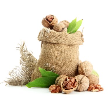 yeşil yaprakları üzerinde beyaz izole çuval bezi çanta, cevizli