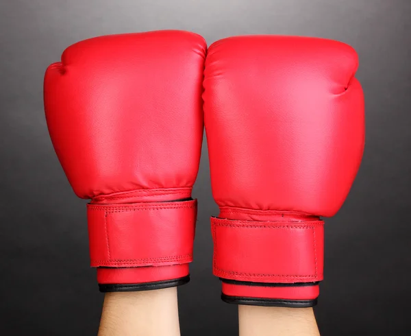 Guantes de boxeo rojos en las manos sobre fondo gris — Foto de Stock