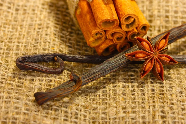 Vanilla pods with spices on canvas background close-up — Stock Photo, Image