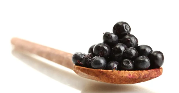 Blueberries in wooden spoon isolated on white — Stock Photo, Image