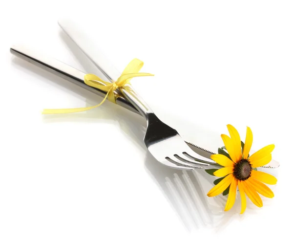 Spoon, fork and flower, isolated on white — Stock Photo, Image