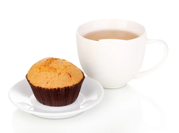 Fresh muffin with tea isolated on white — Stock Photo, Image