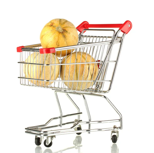 Sweet melons in metal trolley isolated on white — Stock Photo, Image