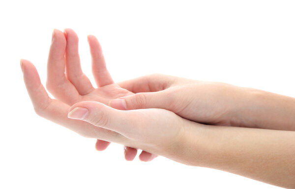 one woman hand massaged other, isolated on white