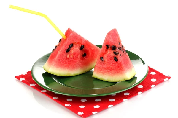 Sweet watermelon slices on green plate isolated on white — Stock Photo, Image