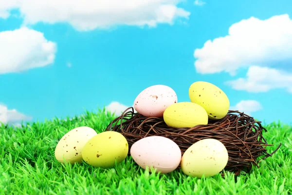 Coloridos huevos de Pascua en la hierba — Foto de Stock