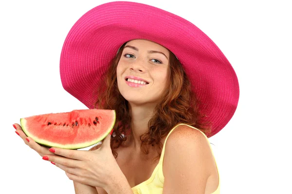 Smiling beautiful girl in beach hat with watermelon isolated on white — Stock Photo, Image