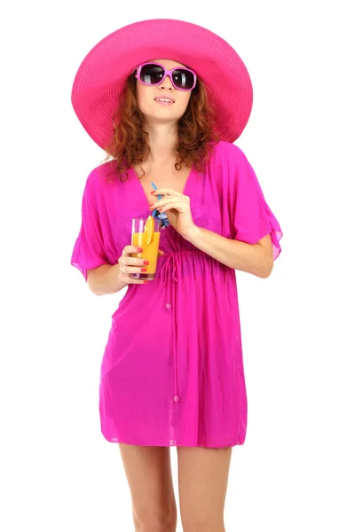 Hermosa chica con sombrero de playa y gafas aisladas en blanco — Foto de Stock