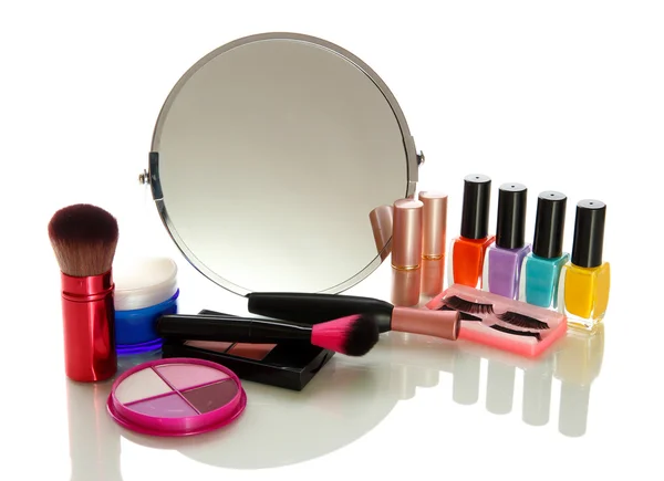 Cosmetics near mirror isolated on white — Stock Photo, Image