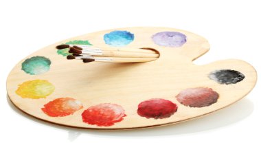 ahşap sanat palet boya ve fırça üzerinde beyaz izole