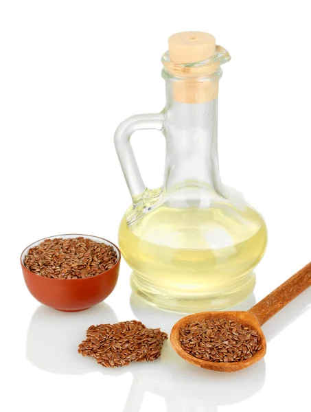 Linseed oil with flax seeds on white background close-up — Stock Photo, Image