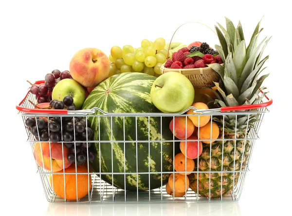 Sortimento de frutas exóticas em cesta de metal isolado em branco — Fotografia de Stock