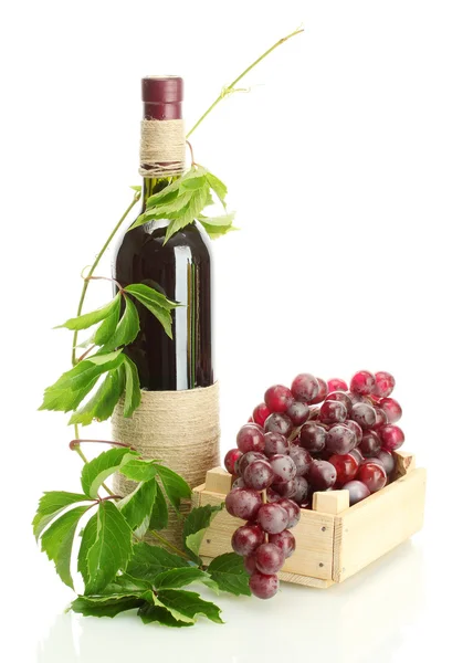 Láhev vína s hrozny izolovaných na bílém — Stock fotografie