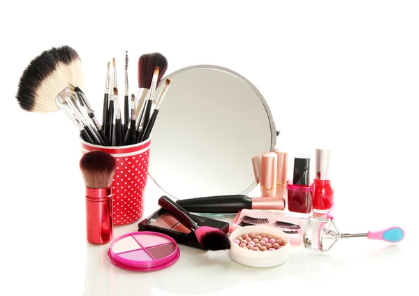 Cosmetics near mirror isolated on white — Stock Photo, Image